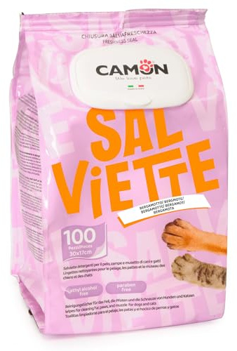 CAMON | Salviette Detergenti per Cani e Gatti, 30x17 cm, Confezione da 100 Salviette, Fragranza Bergamotto, Senza Alcool etilico né Parabeni, Made in Italy