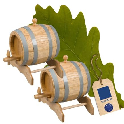 2X 5 Liter Eichen-Fass, für Wein, Whisky & Schnaps, traditionelle EU Handarbeit, inkl. Anleitung, Hahn, Stopfen & Bock, Wein-Fass, kleines Holz-Fass, 27 x 24 x 28 cm
