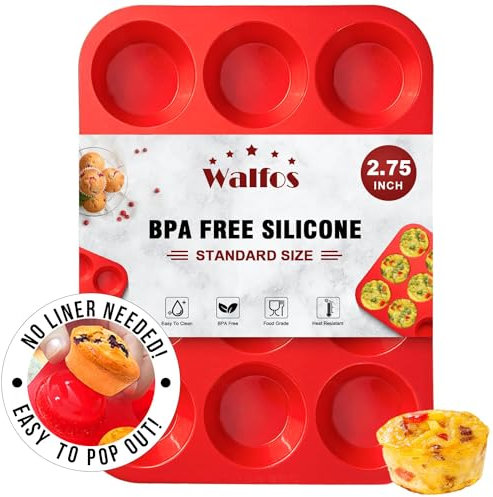 Walfos Silikon-Muffinform - 12 Tassen Normale Cupcake Pfanne, Antihaft-Silikon Ideal für die Herstellung von Muffin-Kuchen, Torten, Brot - BPA-frei und spülmaschinenfest