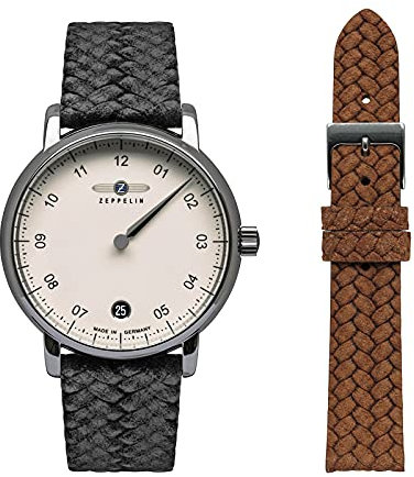 Zeppelin Damenuhr mit Lederband 36 MM ETA Quarz Monotimer Einzeigeruhr Datum 2 Armbänder 8643-5