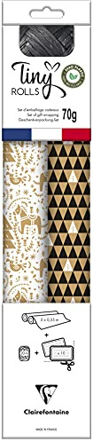 Clairefontaine 223888C - Set Tiny Rolls, 2 Geschenkpapierrollen 5x0,35m, 70g + 1 Rolle Geschenkband + 10 Geschenketiketten, Kraftpapier, weiß/schwarz