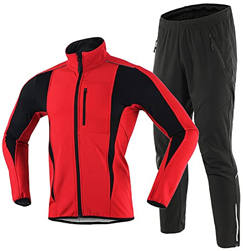 Thermo Fahrradbekleidung Langarm Set Herren Winter Outdoor Windjacke Thermo Fleece Fahrradjacke Wasserdicht Atmungsaktiv Winddicht Regenjacke Fahrrad Mantel Hosen,Rot,S