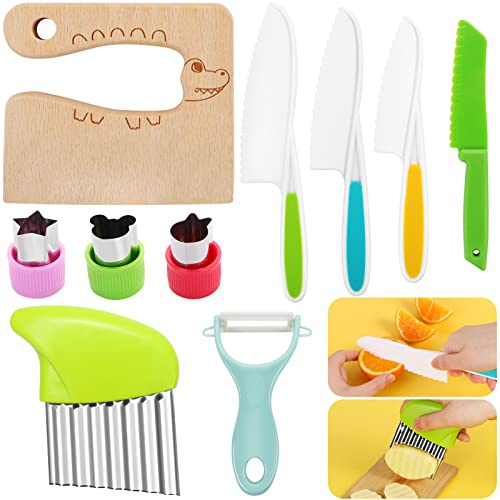 CCOZN 10PCS Kids Knife Set, Toddler Safe Knives for Real Cooking, Serrated Edges, Kids Cooking Utensils, Kitchen Tools for Toddlers, Potato Slicers, Cake Scraper