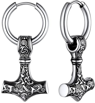 FOCALOOK Herren Ohrringe Thors Hammer Hängeohrringe Edelstahl Thorshammer Creolen Wikinger Keltische Ohrringe Earrings Piercing Ohr Wikinger Schmuck für Papa Freund