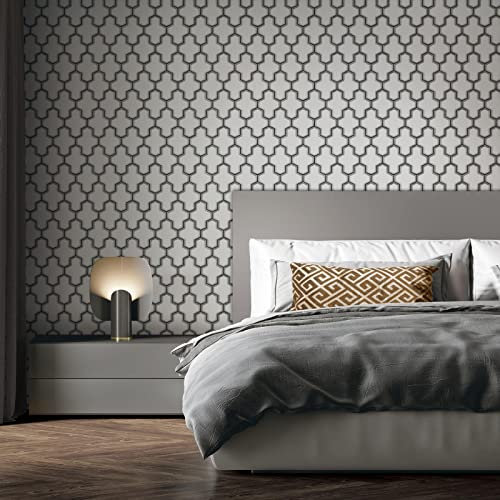 Debona Fabric Touch Vinyl Geometric Trellis Wallpaper 10m Roll Black White Silver 9106