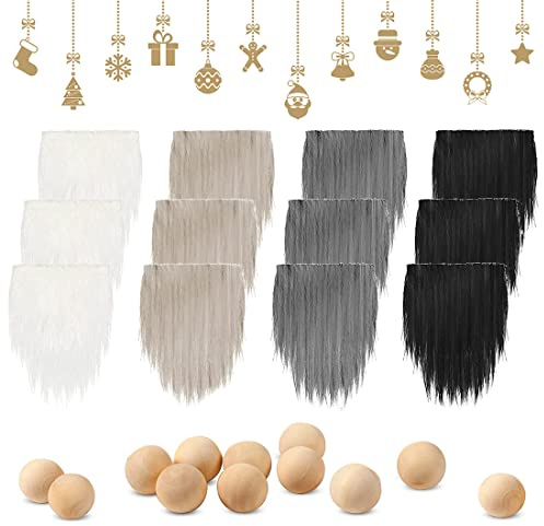 KOOKZ Set di 12 Pezzi Barba per Gnomi e Palline di Legno, Accessori Natalizi, Decori Ideale per Natale Cosplay Party Halloween Pasqua Fai da Te Artigianato Cucito
