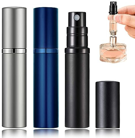 POTWPOT Perfume Refillable Bottle, 3 Pack Perfume Atomisers Refillable Travel Perfume Atomizer for Men and Women with 5ml Pocket Size (Black & Blue & Grey)