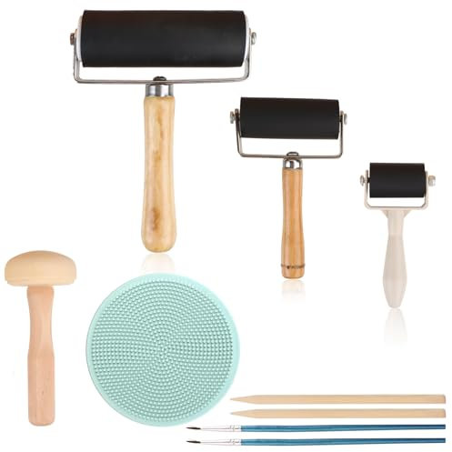 RUNEAY Linoldruck 3 Stück mit 1 Pilzwalze, 1 Gravur, Andrückrolle Linolwalze Gelli Print für Linoldruck, Druckgrafiken, Stempeln, Drucken, Tinten, Tapeten, Gummiwalze Linoldruck 3,5cm/6cm/10cm