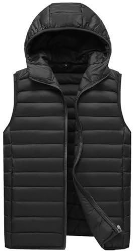 Momooda Veste Homme Hiver Imperméable, Doudoune Sans Manches à Capuche, Col Montant Gilets avec Poche, Matelassée Veste Plein Air, Noir, L