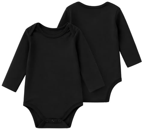 DEFAHN Black Vest Baby Grow 2 Pack Long Sleeve Baby Bodysuit Unisex Newborn Bamboo Rayon Vest Onesies for Boys and Girls (Black,12-18 Months)