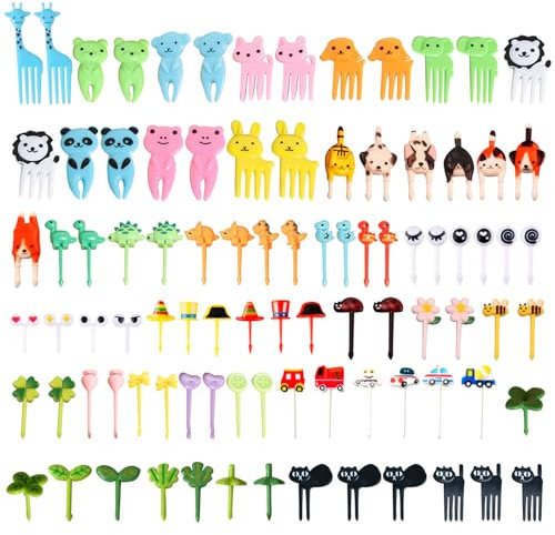 DKDDSSS 91 Pezzi Forchette da Frutta a Forma di Cartone Animato, Mini Stuzzicadenti per Antipasti, Torte, Dolce, Bento - Dessert per Bambini