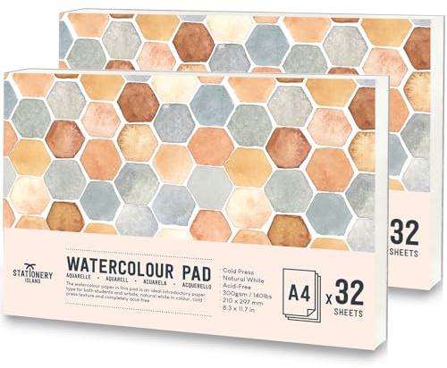 STATIONERY ISLAND Watercolour Paper A4 Pad, 32 Sheets, 2 Pack Water Colour Paper 300gsm, Glue Bound, Cold-Pressed Texture, Watercolour Sketchbook for Painting, Drawing, Sketching and Mixed Media