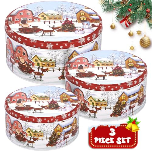 MTINRNI 3er Set Keksdose Weihnachten mit Deckel,Keksdosen in S, M & L,Mehrzweck Speicherkapazität,Weihnachtliche Aufbewahrung und Dekoration,Rund Plätzchendose Metall,für Gebäck,Snacks und Geschenke.
