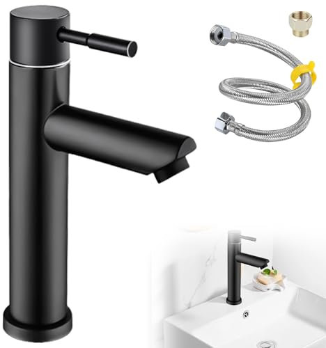Grifo de agua fría negro, grifos de agua fría de acero inoxidable con manguera de conexión de 60 cm, grifo monomando para baño, agua fría, grifo de agua fría, adecuado para baño de invitados y baño