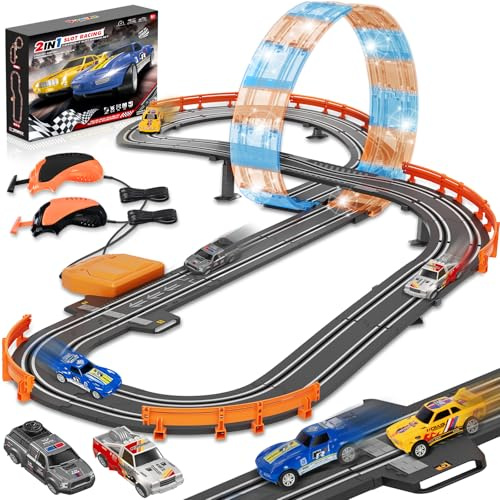 Slot Car Race Track Sets with 4 Slot Cars,2 in 1 Electric Race Car Track,Dual Racing Game Lap Counter Circular Overpass Track,Battery or Electric Car Track,Gifts Toys for Boys Kids Age 6 7 8-12