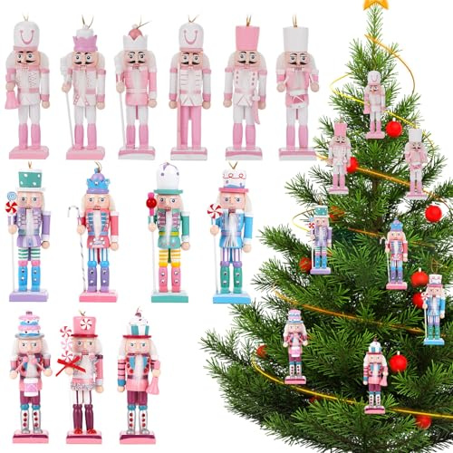 13 Piezas Macarron Rosa Blanco Cascanueces Navidad, 12CM Quebra Nozes Natal,Madera Maciza Soldados Cascanueces Adornos,Nutcracker Christmas árbol de Navidad,Plataforma de Chimenea Decoración Nvidad.