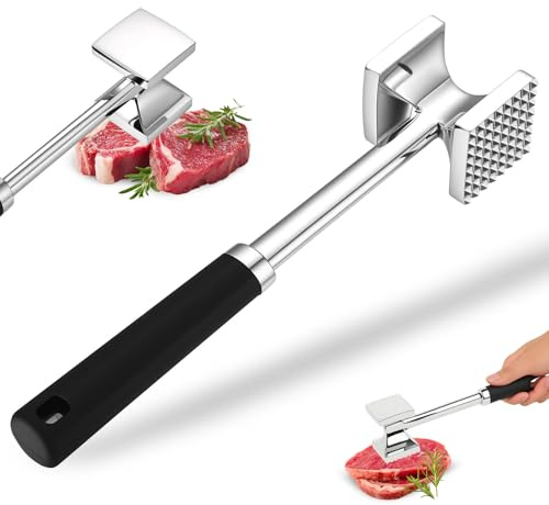 Attendrisseur de Viande Inox Professionnel, marteau a viandes, maillet à viande de cuisine double face avec poignée antidérapante pour attendrir les steaks, bœuf et escalopes de poulet