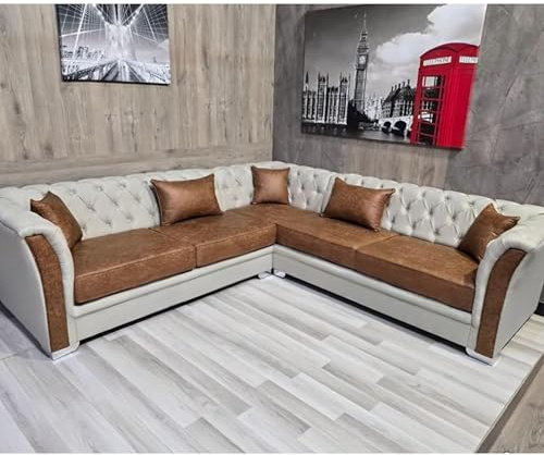 ark future Elegant Chesterfield L-Shaped Sofa with Faux Leather and Soft Fabric Cushions – Modern Couch for Living Room – Comfortable & Stylish Corner Sectional Sofa