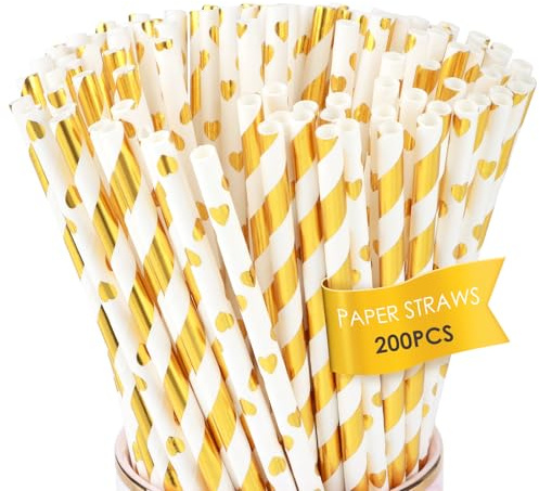 200 Pezzi Cannucce di Carta, Biodegradabili Cannucce Oro per Bar, Ristorante, Matrimonio, Festa