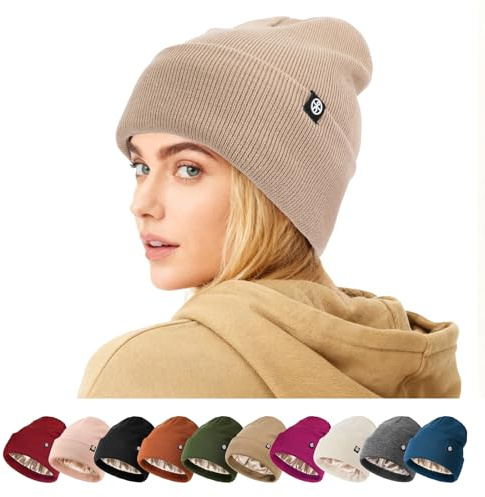 AYPOW satinfodrad vinter varm mössa hattar för kvinnor män, sidenfoder slouchy skalle keps, stretchig lätt vindtät mjuk stickad manschett löpning kepsar, Khaki, one size