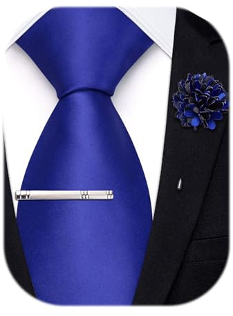 Hi-Tie Mens Sapphire Blue 63 Extra Long Ties Solid Silk Neckties for Big and Tall Men with Lapel Pin Tie Clip Business Wedding