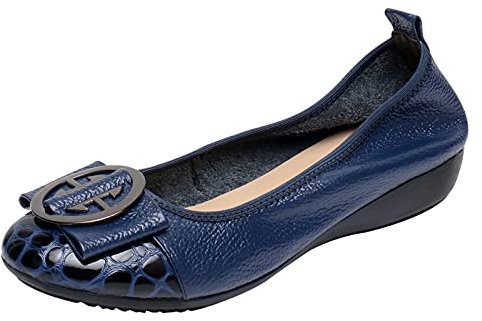 ANUFER Women's Soft Low Wedge Heel Slip-On Ballerina Walking Shoes Navy Blue SN020622 UK6