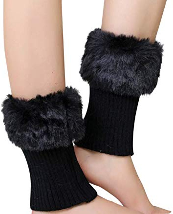 QCHOMEE Women Girls Faux Fur Boot Cuff Socks Winter Knitted Short Leg Warmers Boots Socks Stretchy Comfortable Fashion Christmas Birthday Gift (Black)