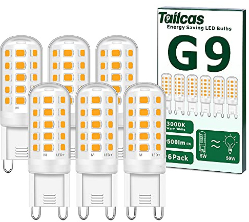 Tailcas G9 Led Bulbs Warm White, 5W 500LM Equivalent to 40W-50W Halogen | 3000K AC 220-240V No Flicker Non-Dimmable Energy Saving G9 Light Bulbs, for Home Lighting Decor 6-Pack