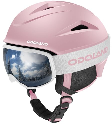 Odoland Snowboard Helmet, Ski Helmet with Ski Goggles for Adults, Durable PC Shell & EPS Foam, Safety Snow Helmets Goggles for Men Women Youth, Light Pink, S
