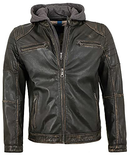 Jack Hanter - Herren Lederjacke Lammnappa Bikerjacke Kapuze schwarz-beige Größe 52
