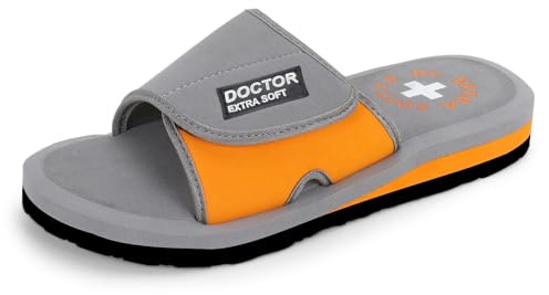 DOCTOR EXTRA SOFT Mens Care Orthopedic & Diabetic Adjustable Straps Super Comfort Dr. Sliders Flip Flops & Slippers for Men Boys OR-D-51, Grey-orange, 8 UK