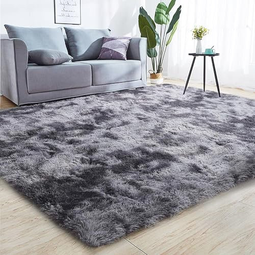 GJWLaie Rugs Living Room Grey Area Rugs for Bedroom Anti Silp Soft Shaggy Tie-Dye Plush Fluffy Living Room Rug Indoor Home Kidsroom Decor Carpet(Dark Grey 120 * 160cm)