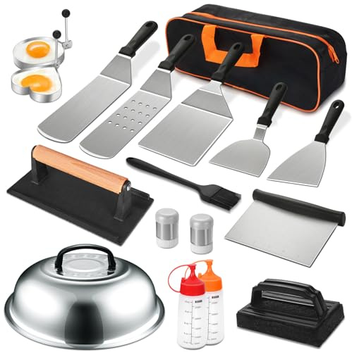 18PCS Griddle Accessories Kit, Flat Top Grill Accessories Set for Blackstone and Camp Chef, Grill Spatula Set with Enlarged Spatulas, Basting Cover, Scraper for Outdoor BBQ