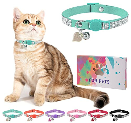 DILLYBUD Rhinestone Cat Collar Breakaway with Bell, Diamond Cat Collar with Safety Buckle Quick Release for Girl Boy Small Kitten Pets Puppy,Cute Soft Female Male Cat Collars, Color Green 8-12