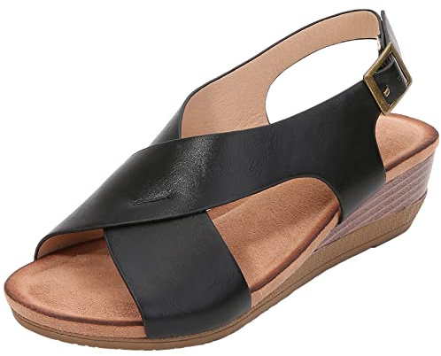rismart Sandali Donna con Zeppa Basso Tacco Croce di Criss Punta Aperta Scarpe Estive Nero,39.5
