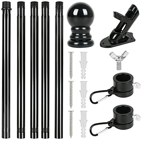 IGTOPS Kit de Mât de Drapeau en Aluminium 180 cm,avec Support Mât de Drapeau en Acier Inoxydable à Fixe au Mur avec Anneaux Rotatifs Kit De Mât De Drapeau pour Maison,Jardin Ou Commercial (Noir)