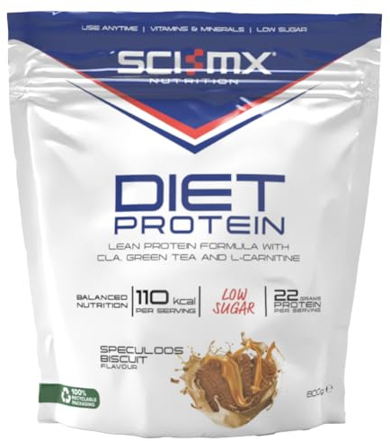 SCI-MX Diet Whey Protein Powder + Vitamins & Green Tea, CLA & L-Carnitine - Speculoos Biscuit • Low Sugar • 22g Protein + 110 Calories per Serving • 800g