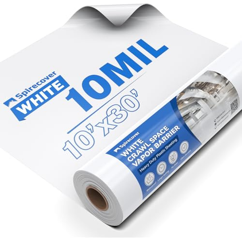 Spirecover White Crawl Space Vapor Barrier, 10 Mil Vapor Barrier, 10' x 30', Heavy Duty Polyethylene Film, Thick Plastic Sheeting, Plastic Drop Cloth Covering for Crawl Space
