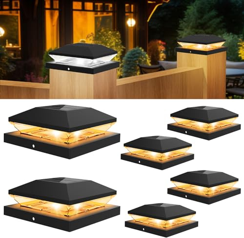T-SUNUS Tapa Solar para Poste, Lámpara Solar Poste Exterior con 2 Temperaturas Color, IP65 Impermeable, Farola Solar Exteriore 9x9 10x10, para Jardín Terraza Balcón Vallas de Madera, 6 Piezas