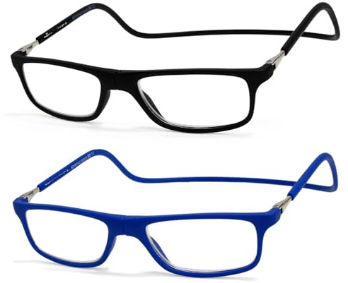 NEW VISION 2 Pack Occhiali Da Lettura con Calamita, Occhiali con Calamita Da Vista, Occhiali Calamitati Da Collo, Occhiali Lettura Calamita per Uomo e Donna NV2904 (C6+C7, 1.5, x)
