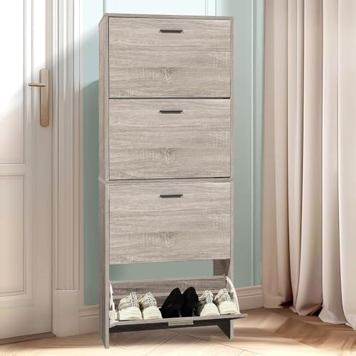 CASABEL Scarpiera Portascarpe 24 Paia - Armadio Mensola Grande Capacità per Ingresso, Corridoio - L60xP24xH150 cm - Porte e Telaio Legno Chiaro