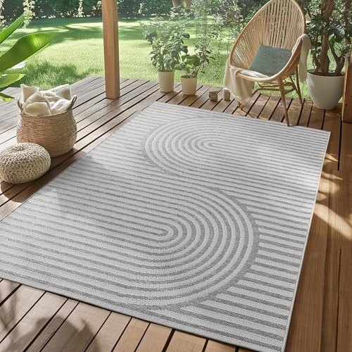 SIMPEX Outdoor Teppich Wetterfest Grau 160x230 cm, UV-beständig, ideal für Küche, Balkon, Terrasse, Garten Wohnzimmer Esszimmer, Skandinavisches Boho-Design, Pfelgeleicht