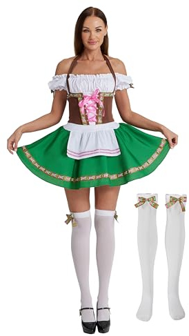 Maxim Party Supplies Women's Oktoberfest Outfit Traditional Bavarian Maid Dress with Stockings & Bows - Dirndl Style German Dress for Festivals (Medium)