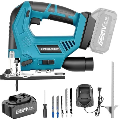 Cordless Jig Saw Compatible 21V Battery, Brushless Jigsaw Tool with 3-Position Orbital, 0°–45° Bevel Cutting, Variable Speed, LED Light, for Wood, PVC & Metal Cutting