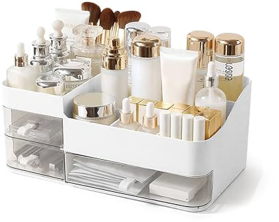 Lacusmall Desktop Makeup Organiser with Storage Drawers, Desk Make Up Organiser Large Capacity for Skincare, Lipsticks, Nail Care, Jewelry Organiser for Bedroom Accessories Vanity, White