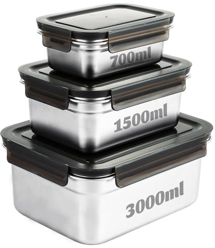 LDHHYH 3PCS Stainless Steel Food Storage Containers with Lids, Stackable Airtight Meal Prep Food Containers Reusable Metal Bento Lunch Box for Kitchen Organization (700ML 1500ML 3000ML)