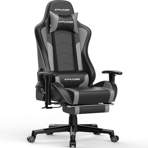 GTPLAYER Gaming Stuhl Gamer Stuhl mit Fußstütze Bluetooth Lautsprecher Ergonomischer Bürostuhl Computerstuhl Schreibtischstuhl PC Stuhl mit verstellbare Rückenlehne 150 kg Belastbarkeit grau