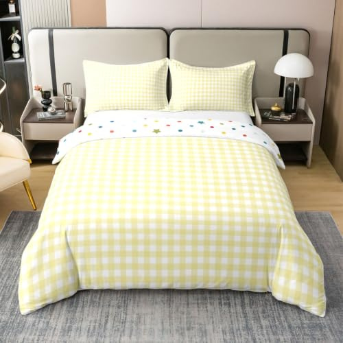 Loussiesd Gingham påslakan 100 % bomull dubbel storlek gul pläd rutig sängkläder set för pojkar flickor bondgård vintage påslakan sovrum dekor 3 st dragkedja med 2 örngott
