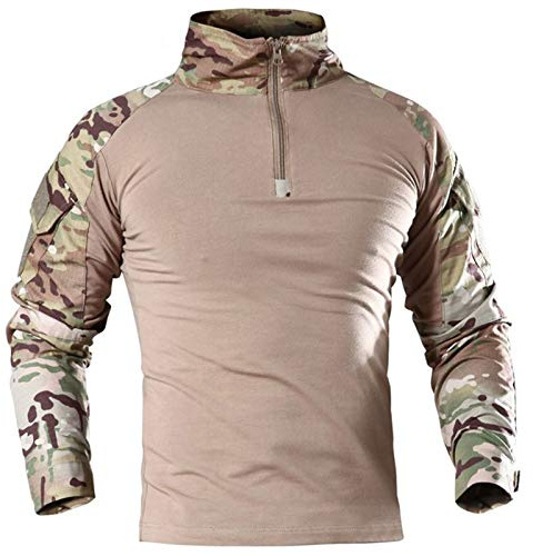 MakingDa Men's Military Tactical Long Sleeve Shirt Breathable Hunting Combat T Shirts Quick Dry Outdoor Tops 1/4 Front Zip Camouflage Airsoft Shirts CP XS