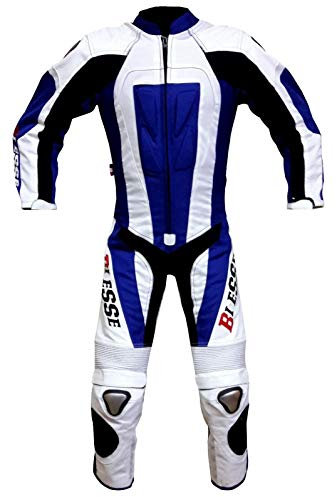 BI ESSE - Tuta da MINIMOTO per bambino in pelle e cordura professionale, completa di protezioni (Blu/Bianco/Nero, S (7 anni))